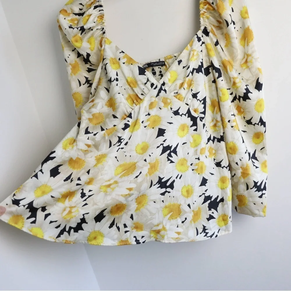 Zara floral daisy print top yellow blouse puff sleeve flowers spring summer S